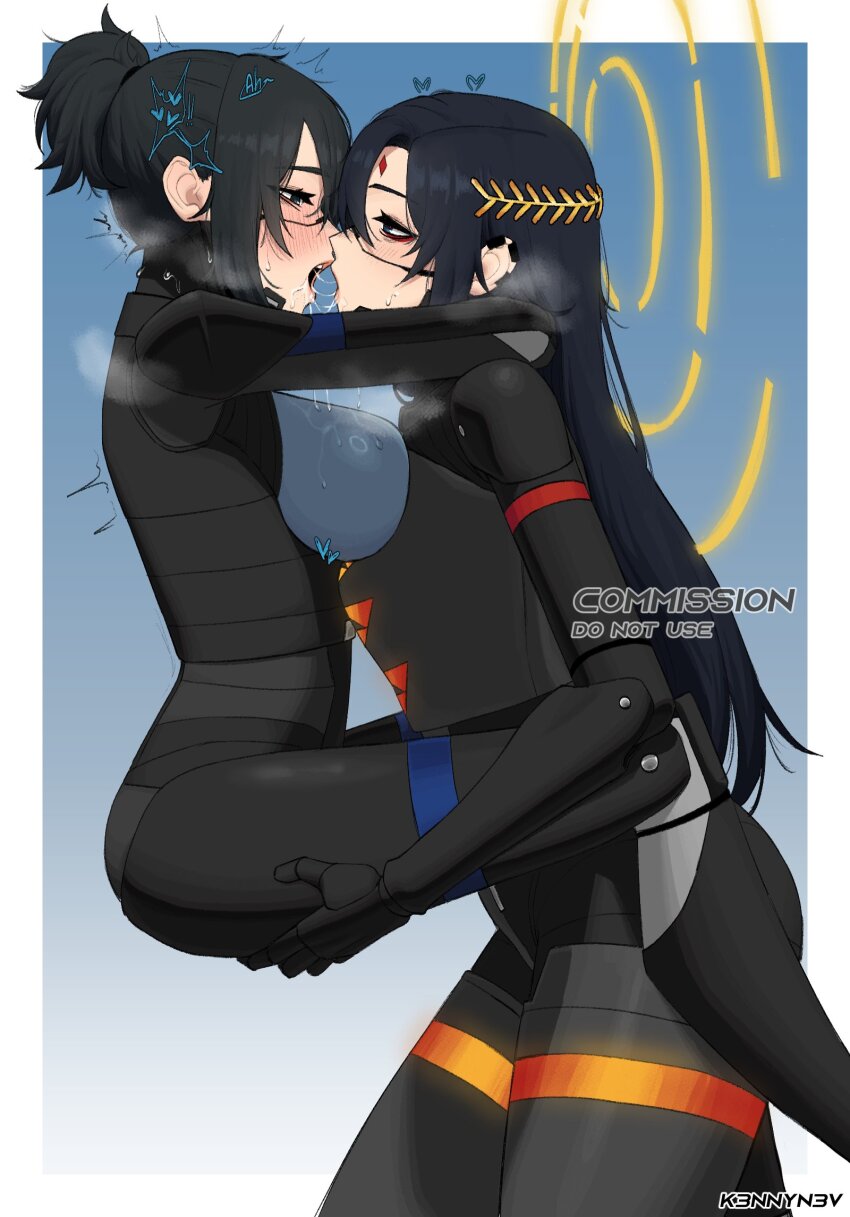 2girls android armor arms_behind_head black_hair blush breasts carrying commission commissioner_upload drooling facial_mark falke_(signalis) forehead_mark halo heart height_difference high_ponytail highres holding joints k3nnyn3v kiss large_breasts laurel_crown long_hair mechanical_arms multiple_girls original ponytail robot_joints saliva saliva_trail signalis spoken_heart steam yuri