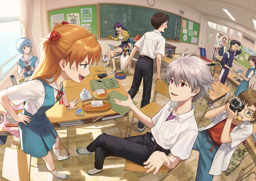 5boys 6+girls absurdres ahoge aida_kensuke alcohol anger_vein animal arm_behind_head arm_grab ayanami_rei bag beads beard beer beer_can belt bento bird black_hair black_pants black_skirt blouse blue_dress blue_eyes blue_hair blue_hairband blush board board_eraser book bowl bread bread_slice breasts brown_hair burger can cassette_player chalkboard chalkboard_sign cheese classroom cleavage clock closed_eyes closed_mouth collar commentary_request computer cross cross_earrings cup day desk door dress drink_can drinking earrings eating embarrassed eva_01 evangelion:_2.0_you_can_(not)_advance expressionless eyebrows facial_hair figure fish fisheye floor food freckles frown fruit gakuran glasses green_eyes grey_hair hair_beads hair_ornament hairband hairclip half-closed_eyes hand_up handheld_game_console head_tilt highres holding holding_bento holding_can holding_cup holding_food holding_lunchbox horaki_hikari huge_filesize ikari_gendou ikari_shinji ikari_yui in-ear_earphones in_mouth indoors jacket jewelry katsuragi_misato laptop long_bangs long_hair long_skirt looking_at_another lunchbox makinami_mari_illustrious medium_hair messy_hair miniskirt multiple_boys multiple_girls nagisa_kaworu name_tag neck_ribbon necktie neon_genesis_evangelion open_mouth pants paper parted_bangs parted_lips penguin penpen pet_bowl pink_shirt plastic_bag plate pleated_dress pleated_shirt ponytail purple_eyes purple_hair purple_jacket purple_pants purple_shirt rebuild_of_evangelion recording red_eyes red_ribbon red_shirt ribbon rice sandwich scared school_bag school_desk school_uniform serafuku shirt short_hair short_ponytail sidelocks sitting skirt sleeveless sleeveless_shirt sleeves_rolled_up smile socks soup souryuu_asuka_langley spotlight standing sticker sunlight suzuhara_touji sweatdrop tagme teeth thermos tokyo-3_middle_school_uniform track_jacket track_pants track_suit twintails unbuttoned unbuttoned_shirt undershirt vegetable ventilation_shaft video_camera watermelon waving white_legwear white_shirt window wooden_floor yellow_jacket yuko666
