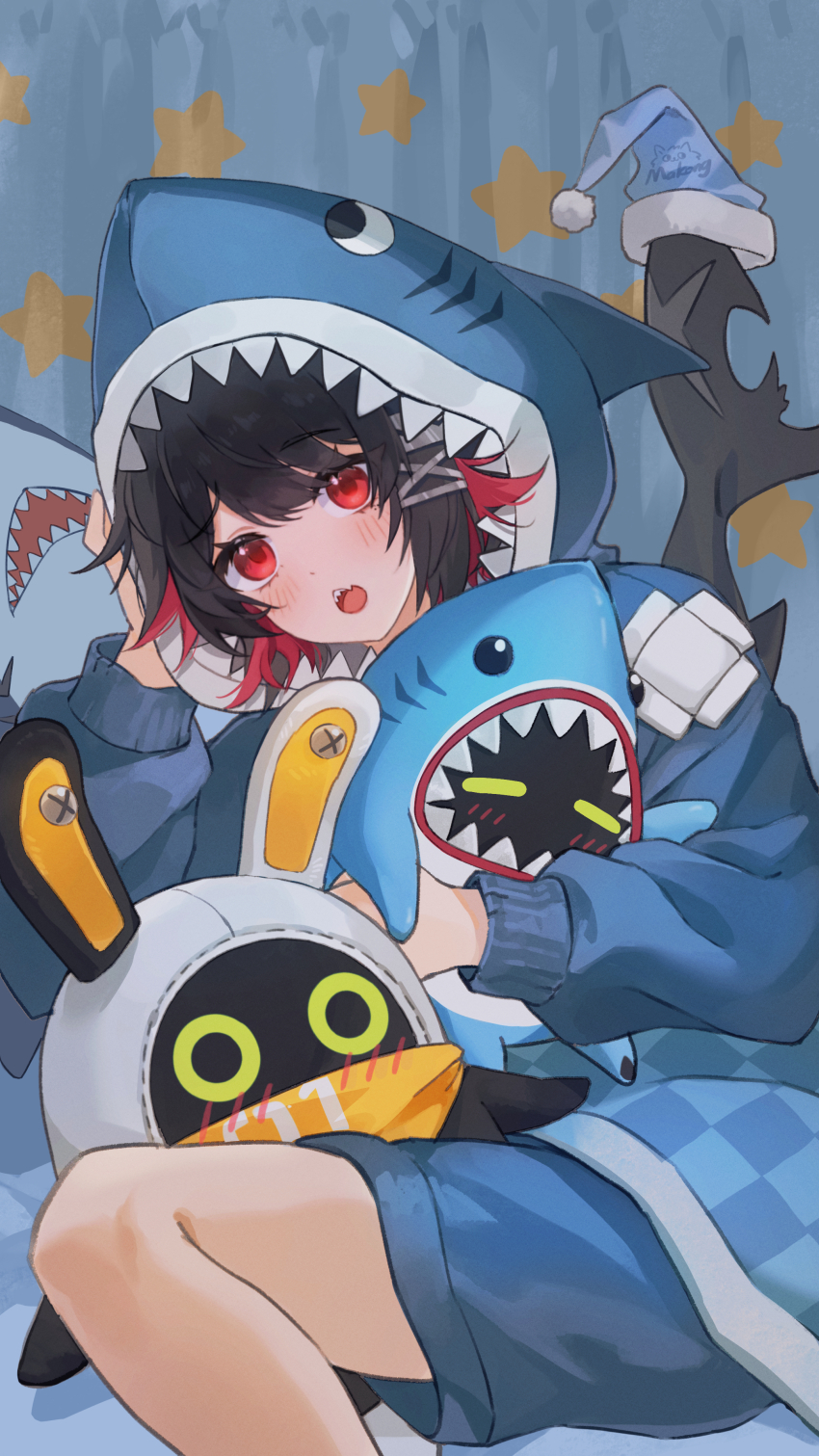 1girl 2others absurdres alternate_costume black_hair blue_pajamas blush ellen_joe fins fish_tail hair_ornament highres hug long_sleeves looking_at_viewer makong6593 multiple_others open_mouth pajamas shark_girl shark_tail sharkboo_(zenless_zone_zero) sharp_teeth short_hair stuffed_animal stuffed_rabbit stuffed_shark stuffed_toy tail teeth waking_up zenless_zone_zero