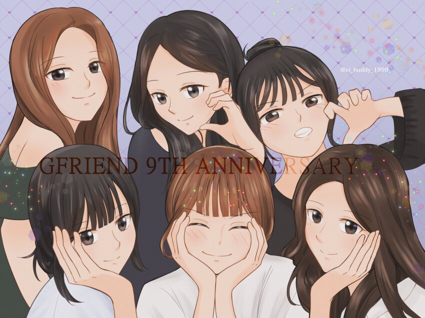 6+girls anniversary blunt_bangs brown_eyes brown_hair closed_eyes commentary ei_buddy_1999 english_commentary eunha_(gfriend) gfriend group_name hair_bun hand_on_own_cheek hand_on_own_face hands_on_own_cheeks hands_on_own_face highres k-pop light_brown_hair long_hair looking_at_viewer multiple_girls purple_background real_life sidelocks sinb_(gfriend) smile sowon_(gfriend) twitter_username umji_(gfriend) yerin_(gfriend) yuju_(gfriend)