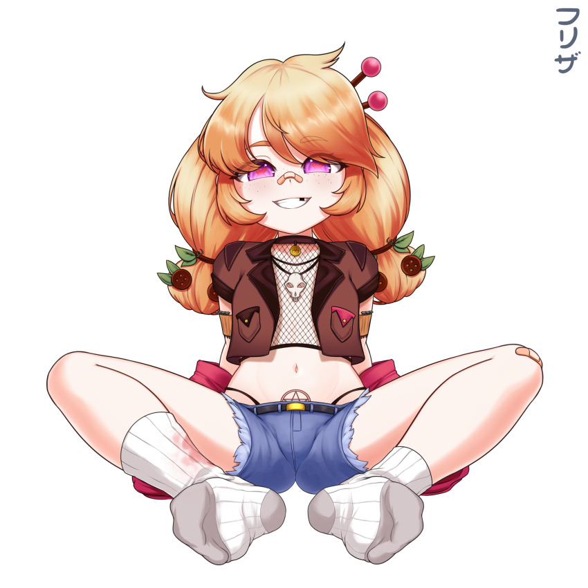 1girl bandaid bandaid_on_face bandaid_on_knee bandaid_on_leg bandaid_on_nose belt black_belt black_panties blonde_hair blue_shorts brown_vest button_hair_ornament commentary cropped_vest denim denim_shorts efreezerarts english_commentary feet fishnet_top fishnets freckles full_body grin highres immy_bisou jacket jewelry long_hair looking_at_viewer nail_(hardware) navel necklace no_shoes open_clothes open_mouth open_vest panties panty_straps pentagram_tattoo pink_jacket pink_pupils pubic_tattoo purple_eyes short_sleeves shorts simple_background sitting skull_necklace smile socks solo spread_legs symbol-shaped_pupils tattoo teeth tooth_gap twintails underwear vallure vest virtual_youtuber white_background white_socks x-shaped_pupils