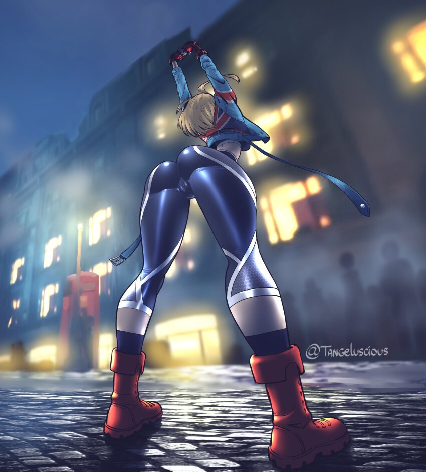 1girl 2023 antenna_hair artist_name ass ass_focus asymmetrical_gloves black_gloves black_pants blonde_hair blue_jacket boots building cameltoe cammy_stretch_(meme) cammy_white capcom capri_pants city city_lights cloud cloudy_sky combat_boots commentary cropped_jacket english_commentary female_focus fingerless_gloves foreshortening from_behind from_below full_body gloves highres huge_ass jacket leaning_forward legs_apart long_sleeves meme midriff night outdoors pants perspective red_boots short_hair skin_tight sky solo_focus sports_bra standing street_fighter street_fighter_6 stretching tangeluscious thick_thighs thighs union_jack united_kingdom_flag_print white_trim