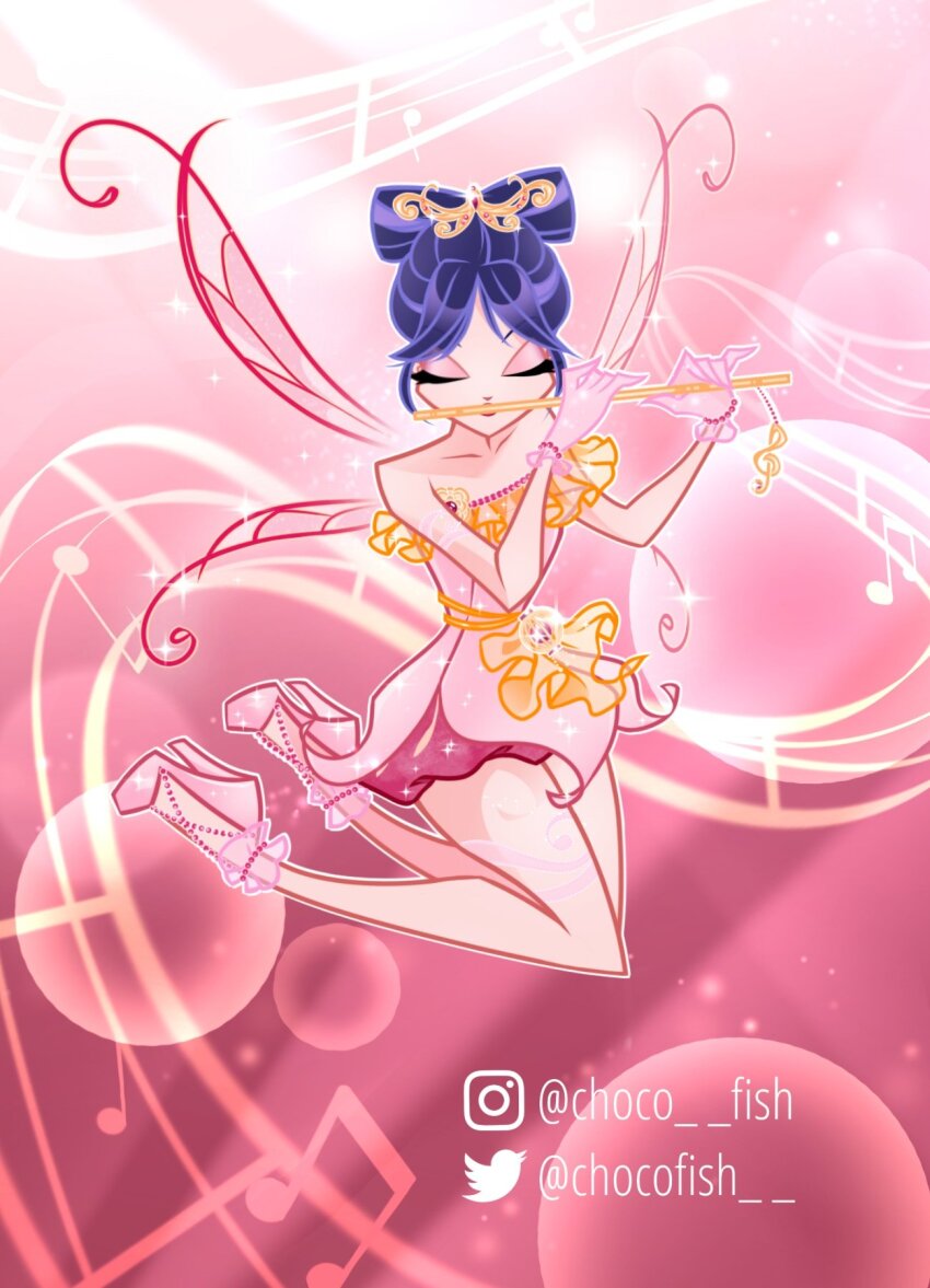 alternate_costume anklet bad_id bad_twitter_id bare_legs bare_shoulders bead_anklet bead_bracelet beads bow-shaped_hair bracelet bubble bubble_skirt charm_(object) chocofish closed_eyes collarbone commentary detached_sleeves dress expressionless eyelashes eyeshadow fairy fairy_wings floating flower_dress flute frilled_anklet frilled_dress frilled_gloves frills gloves gold_tiara hair_bun high_heels highres holding holding_flute holding_instrument instagram_username instrument jewelry light_particles magical_girl makeup microskirt musa_(winx_club) music musical_note musical_staff outline parted_lips pink_dress pink_eyeshadow pink_gloves pink_shoes pink_skirt pink_theme pink_wings playing_flute playing_instrument pleated_sleeves purple_hair see-through_clothes see-through_sleeves shoes short_dress short_hair single_hair_bun skirt skirt_under_dress sparkle stiletto_heels strapless strapless_dress thighlet treble_clef twitter_username updo watermark white_outline wings winx_club yellow_sleeves