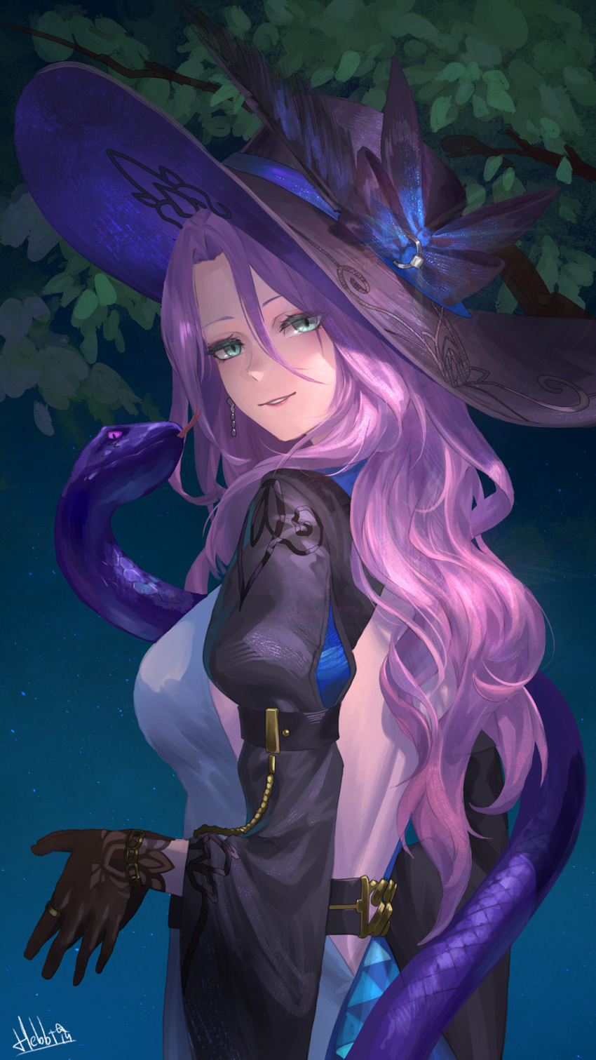 1girl black_gloves black_hat blue_eyes breasts cleavage gloves hat hebbtia highres honkai:_star_rail honkai_(series) jade_(honkai:_star_rail) jewelry long_hair looking_at_viewer necklace pink_hair purple_hair smile snake solo