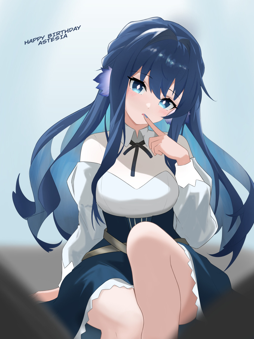 1girl absurdres arknights astesia_(arknights) black_skirt blue_eyes blue_hair blurry blurry_foreground bright_pupils character_name commentary diamond-shaped_pupils diamond_(shape) english_commentary finger_to_mouth happy_birthday highres knee_up llewellyn_blue long_hair long_sleeves looking_at_viewer shirt sitting skirt solo symbol-shaped_pupils white_pupils white_shirt