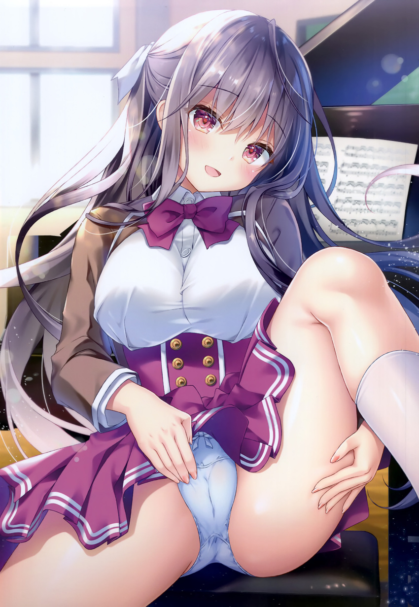 1girl :d absurdres blazer blush bow bowtie breasts cameltoe clothes_lift collared_shirt hair_ribbon half_updo high-waist_skirt highres indoors instrument jacket kino_(kino_konomi) knee_up kneehighs large_breasts long_hair long_sleeves looking_at_viewer non-web_source open_clothes open_jacket open_mouth original panties piano pink_eyes purple_hair ribbon school_uniform sheet_music shirt sitting skirt skirt_lift smile socks solo thighs underwear white_socks window