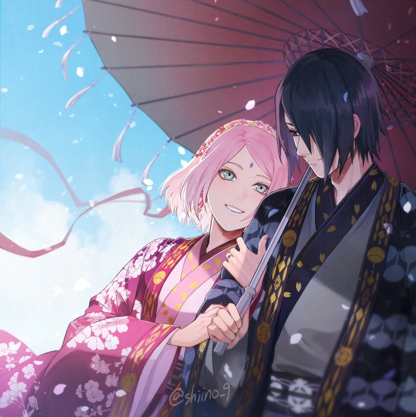 1boy 1girl absurdres arm_hug black_eyes black_hair boruto:_naruto_next_generations cherry_blossoms cloud couple earrings eye_contact flower green_eyes hair_ornament haori haruno_sakura headband highres holding holding_umbrella japanese_clothes jewelry kimono light_smile looking_at_another naruto_(series) obi oil-paper_umbrella pink_hair ring sash shiino_9 short_hair simple_background sky smile uchiha_sasuke uchiha_symbol umbrella upper_body