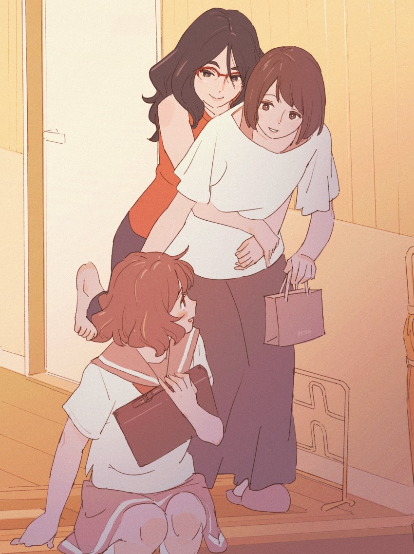 3girls 55bata6rou bag barefoot black_hair black_pants brown_bag brown_eyes brown_hair brown_skirt closed_mouth door entrance glasses hibike!_euphonium highres holding holding_bag hug hug_from_behind indoors kitauji_high_school_uniform leaning_forward long_hair looking_at_another multiple_girls nakaseko_kaori orange_shirt oumae_kumiko over-rim_eyewear pants pleated_skirt red-framed_eyewear sailor_collar school_uniform semi-rimless_eyewear shirt short_hair short_sleeves sitting skirt slippers smile standing standing_on_one_leg summer_uniform tanaka_asuka white_shirt