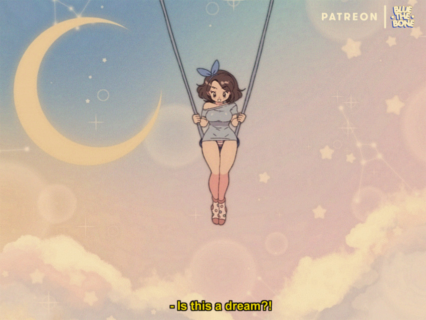 1girl animated animated_gif ass blue_shirt bluesona_(bluethebone) bluethebone blush breasts brown_hair cameltoe commentary covered_erect_nipples crescent_moon english_commentary english_text gluteal_fold looping_animation medium_breasts moon no_pants no_shoes off_shoulder on_swing original paid_reward_available panties polka_dot polka_dot_legwear retro_artstyle shirt short_hair short_sleeves single_bare_shoulder socks solo spread_legs star_(symbol) striped_clothes striped_panties subtitled swing swinging_on_swing underwear