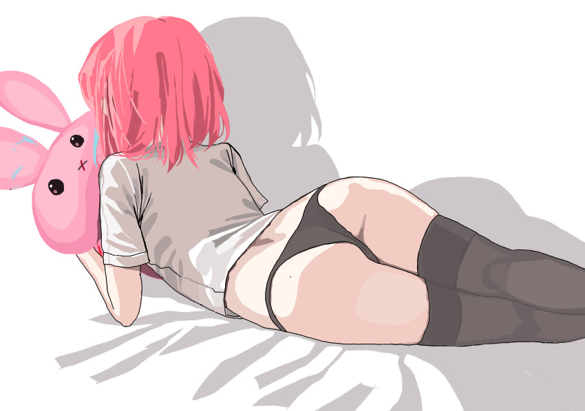 1girl absurdres ass black_panties black_thighhighs commentary_request feet_out_of_frame from_behind grey_shirt hanako_nana highres korean_commentary lying medium_hair microsoft_paint_(medium) mole mole_on_ass multicolored_hair no_pants on_back on_bed panties peto_(hanako_nana) pink_hair shadow shirt short_sleeves simple_background solo stellive streaked_hair stuffed_animal stuffed_rabbit stuffed_toy thighhighs underwear vargrgrgrgr virtual_youtuber white_background