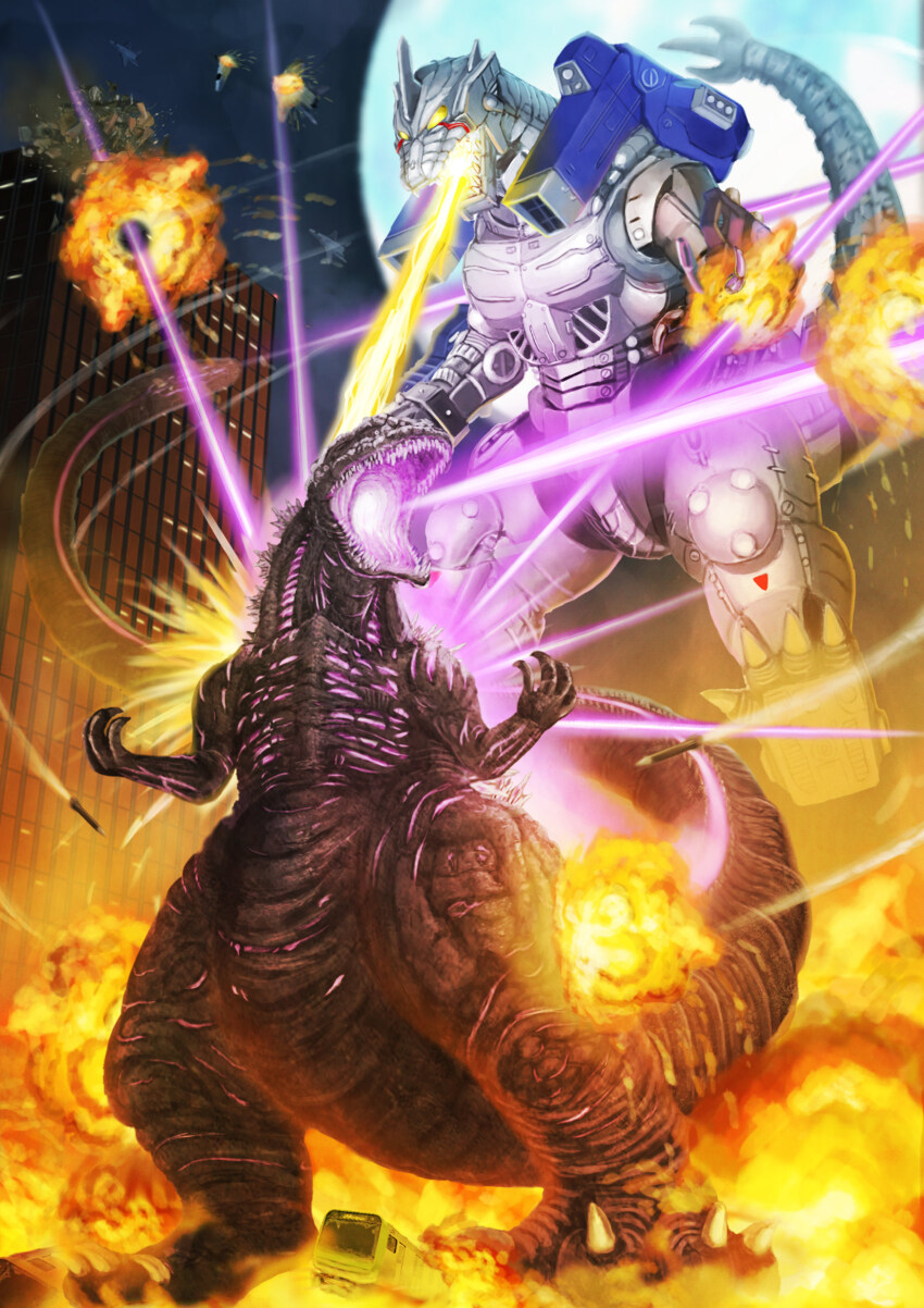 absurdres ac-3_shirasagi ac-3_white_heron aircraft airplane ammunition_backpack atomic_breath back_unit building bus city claws cyborg destruction directed-energy_weapon energy energy_beam energy_cannon energy_wave exhaust explosion fighter_jet fire full_moon giant giant_monster giant_robot glowing glowing_eyes glowing_mouth glowing_spikes godzilla godzilla_(series) godzilla_against_mechagodzilla highres horns japan_self-defense_force jetpack kaiju kiryu_(godzilla) long_tail magnetic_weapon maser maser_beam maser_cannon mecha mechagodzilla military military_vehicle missile missile_launcher missile_pod monster moon motor_vehicle mouth_cannon multiple_heads night no_humans no_pupils open_mouth plasma plasma_beam precision-guided_munition prosthesis prosthetic_arm railgun robot rocket_launcher rocket_pod shin_godzilla shoulder_cannon smoke smoke_trail spike_bea spiked_tail spikes spiral_claw tail tail_beam tail_head toho trident_tail type-0_railgun type-4_anti-beast_drilling_device type-95_470mm_multipurpose_guided_missile type-99_twin_maser_cannon very_long_tail weapon wrist_cannon wrist_gun yamakazema yellow_eyes