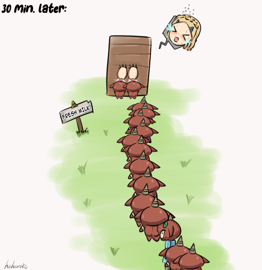 &gt;_&lt; 1girl 6+boys blonde_hair bokoblin breast_sucking chibi commentary english_commentary english_text highres hohoroko link multiple_boys nintendo princess_zelda queue sign the_legend_of_zelda the_legend_of_zelda:_tears_of_the_kingdom