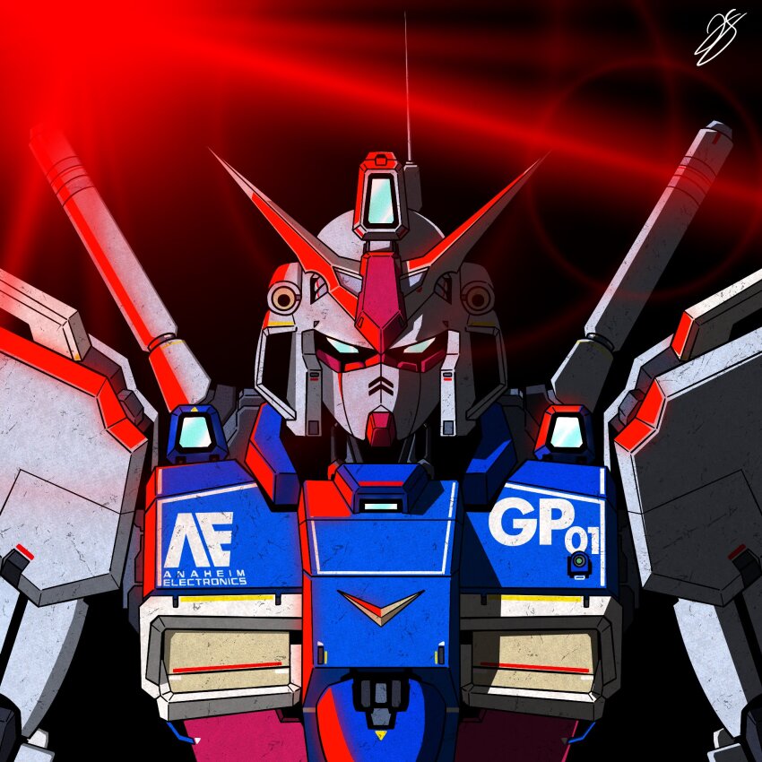 anaheim_electronics blue_eyes commentary english_commentary gundam gundam_0083 gundam_gp-01_zephyranthes highres light looking_at_viewer mecha mobile_suit no_humans portrait radio_antenna robot science_fiction signature solo straight-on v-fin zjeorno