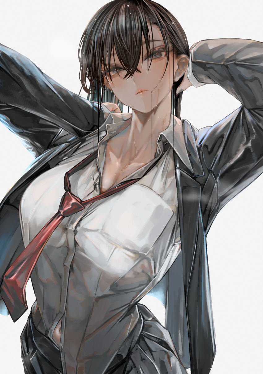 1girl absurdres black_hair black_jacket black_skirt breasts cleavage closed_mouth collarbone collared_shirt commentary_request cowboy_shot eyelashes grey_eyes hair_between_eyes hand_in_own_hair hand_on_own_shoulder hands_up highres jacket large_breasts lips long_hair looking_at_viewer midriff_peek navel necktie open_clothes open_jacket original partially_unbuttoned pleated_skirt red_necktie school_uniform shirt simple_background skirt soleil_(soleilmtfbwy03) solo sweat wet wet_hair white_background white_shirt