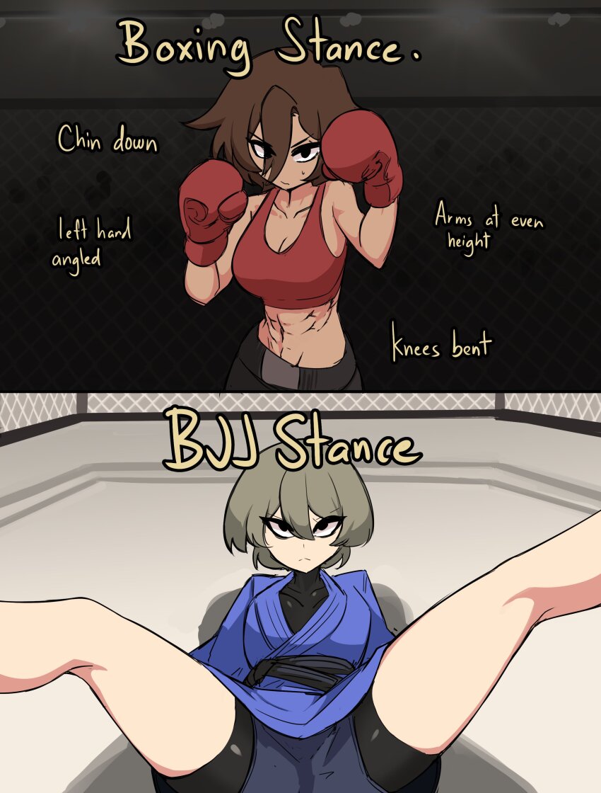 2girls abs absurdres black_bodysuit black_eyes blue_dougi bodysuit boxing boxing_gloves boxing_ring boxing_shorts breasts brown_hair centurii-chan chain-link_fence cleavage closed_mouth collarbone commentary comparison dark_background english_commentary english_text fence grey_hair hair_between_eyes highres martial_arts_belt multiple_girls navel original red_sports_bra shadow short_hair shorts sports_bra sportswear spread_legs stage_lights sweatdrop