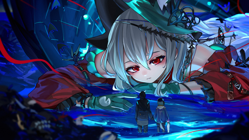 1boy 1girl 1other absurdres aqua_gloves aqua_hat arknights beret blue_hair blurry depth_of_field detached_sleeves doctor_(arknights) from_behind gloves hat highres hood hooded_jacket jacket kourou_(kouroukun) long_hair mizuki_(arknights) partially_submerged red_eyes red_sleeves size_difference skadi_(arknights) skadi_the_corrupting_heart_(arknights) umbrella water white_hair