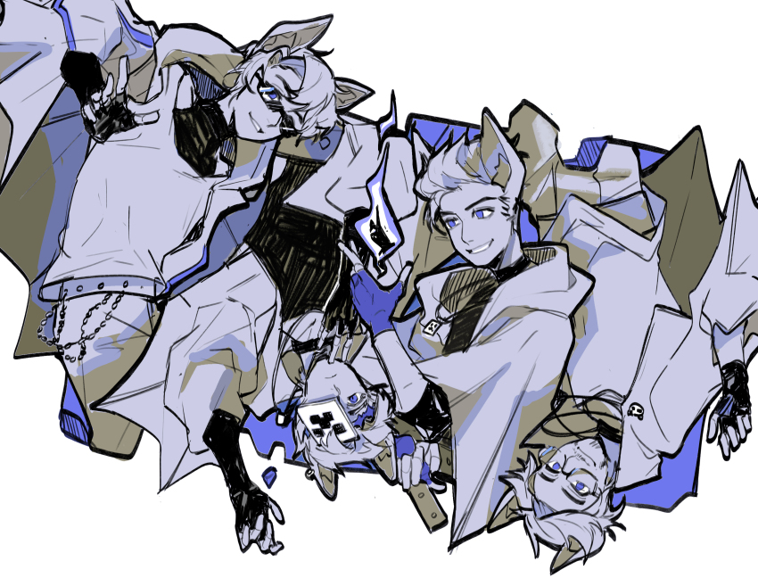 4boys absurdres alternate_costume animal_ears awesamdude bat_boy bat_ears bat_wings blue_theme border chinese_commentary commentary_request creeper fire highres jewelry kemonomimi_mode male_focus mask mc_championship minecraft minecraft_youtube multiple_boys necklace prestonplayz quig sketch spot_color sunglasses theorionsound tttttaniaaaaa upside-down white_border wings