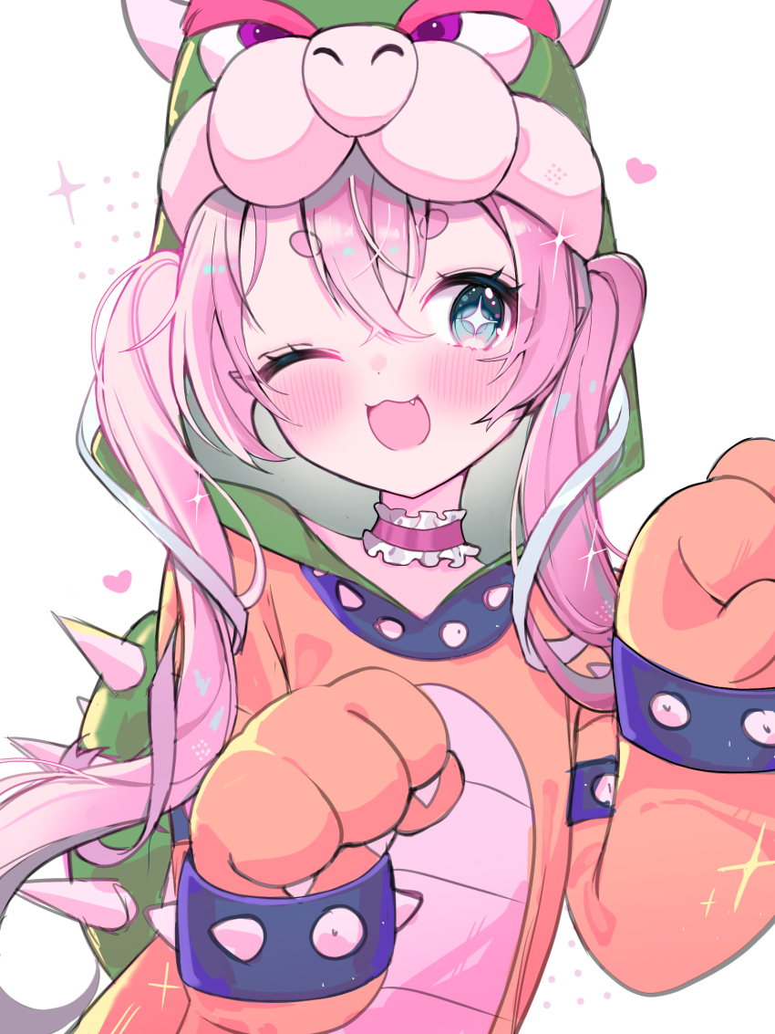 1girl blue_eyes blush bowser bowser_(cosplay) character_costume chibidoki_(vtuber) choker cosplay demon_girl fang frilled_choker frills heart highres indie_virtual_youtuber mario_(series) moenaomii_(artist) nintendo one_eye_closed open_mouth pink_choker pink_hair simple_background solo twintails virtual_youtuber white_background