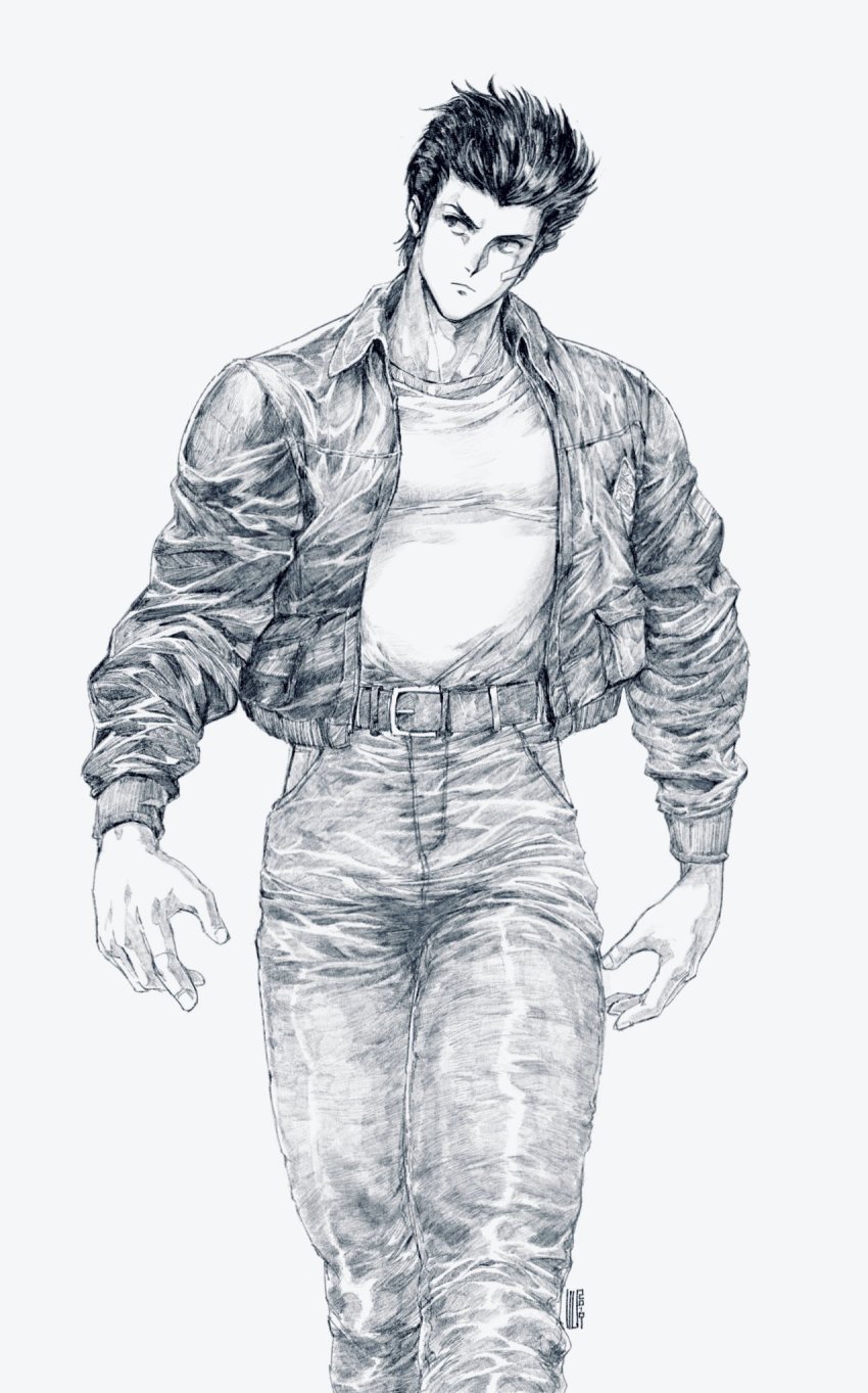 1boy bandaid bandaid_on_face belt black_eyes black_hair closed_mouth dated david_liu denim greyscale hair_slicked_back hatching_(texture) highres jacket jeans male_focus monochrome original pants shenmue shenmue_i signature simple_background sketch solo traditional_media walking white_background