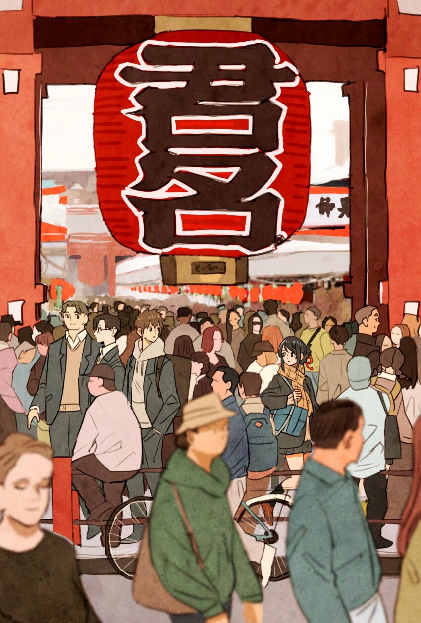 bicycle black_hair black_jacket blurry blurry_foreground brown_hair coat crowd grey_coat grey_hoodie hair_ribbon hair_up highres hood hood_down hoodie jacket kimi_no_na_wa. long_hair looking_at_another looking_back miyamizu_mitsuha red_ribbon ribbon short_hair sidelocks tachibana_taki takeuchi_ryousuke