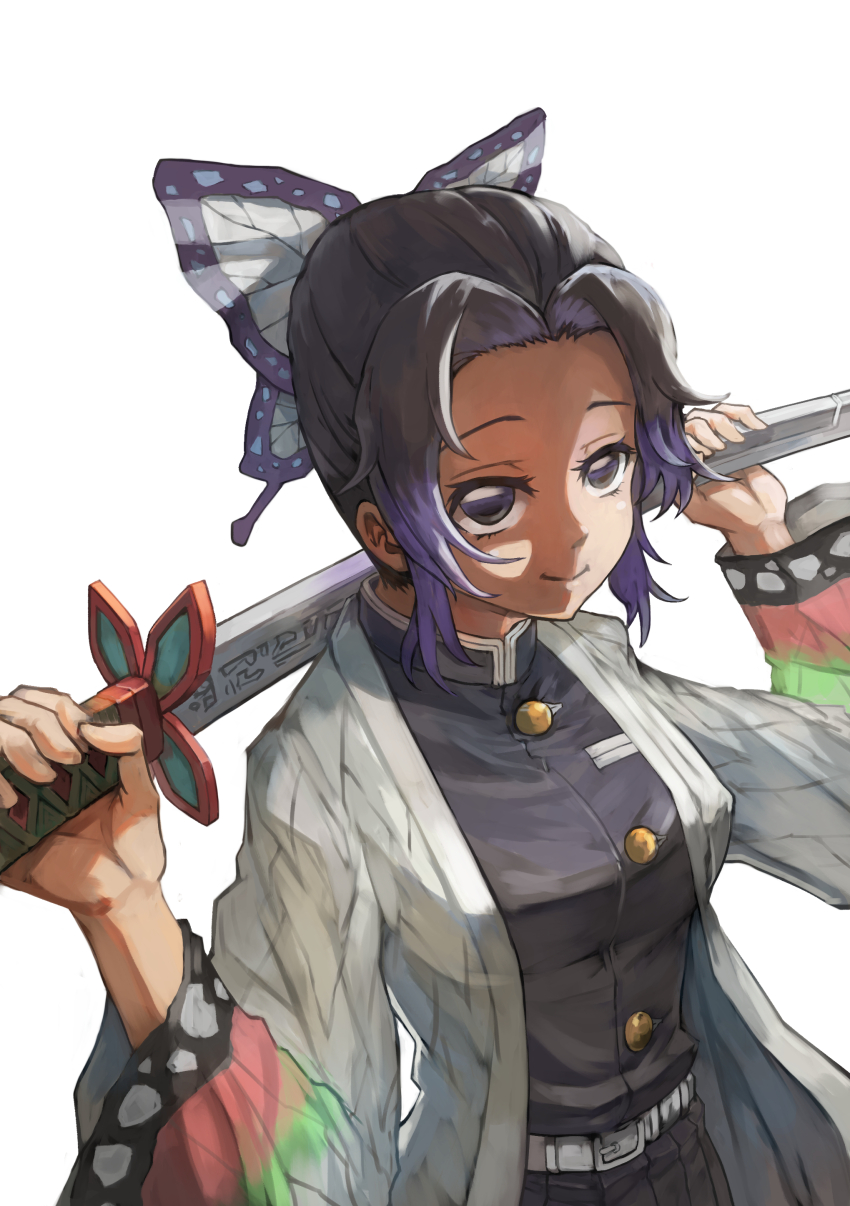 1girl absurdres belt black_hair breasts butterfly_hair_ornament closed_mouth demon_slayer_uniform flower gradient_hair hair_ornament haori highres holding holding_sword holding_weapon ico6 jacket japanese_clothes katana kimetsu_no_yaiba kochou_shinobu long_sleeves looking_at_viewer medium_breasts multicolored_hair parted_bangs purple_eyes purple_hair short_hair simple_background smile solo sword sword_writing upper_body weapon white_background white_belt wisteria