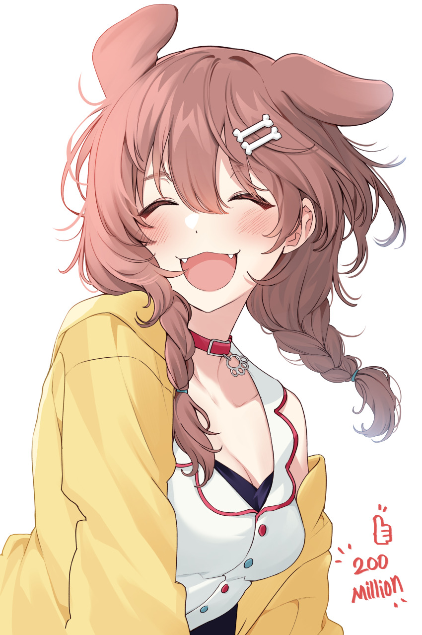 14_(vision5032) 1girl :3 :d absurdres animal_collar animal_ears blush bone_hair_ornament braid brown_hair closed_eyes collar commentary_request dog_ears dog_girl dress extra_ears fangs floating_hair hair_ornament highres hololive inugami_korone inugami_korone_(1st_costume) jacket milestone_celebration open_clothes open_jacket open_mouth red_collar single_off_shoulder sleeveless sleeveless_dress smile twin_braids virtual_youtuber white_background white_dress yellow_jacket
