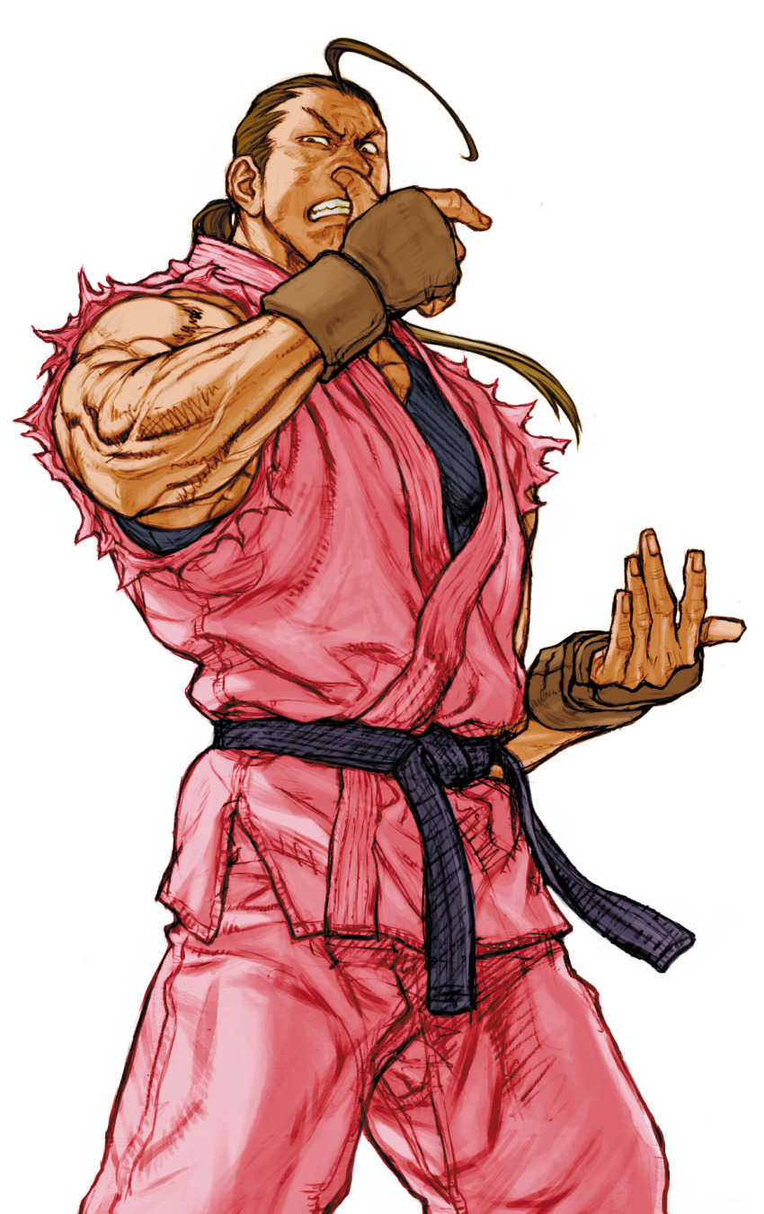 1boy ahoge bare_shoulders black_hair black_undershirt brown_hair capcom_vs_snk_2 clenched_teeth dougi fingerless_gloves from_below game_cg gloves hibiki_dan highres looking_down male_focus martial_arts_belt mma_gloves muscular muscular_male nishimura_kinu non-web_source official_art ponytail simple_background sleeveless solo street_fighter teeth torn_clothes torn_sleeves undershirt v-shaped_eyebrows veins veiny_arms