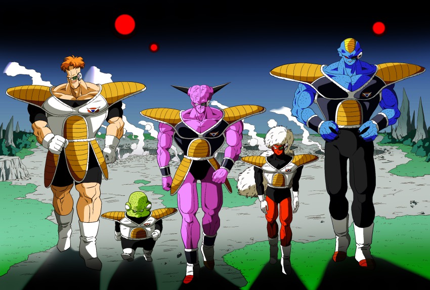 &gt;:) 5boys armor blue_skin body_armor boots brown_hair burter captain_ginyu clenched_hands collarbone colored_skin crater dragon_ball dragonball_z evil_smile ginyu_force gloves grass green_eyes green_skin guldo hands_on_own_hips highres iron_tonic jeice long_hair multiple_boys muscular open_mouth purple_skin recoome red_eyes red_skin scouter shadow shinomiya_akino smile spikes steam v-shaped_eyebrows veins walking white_hair
