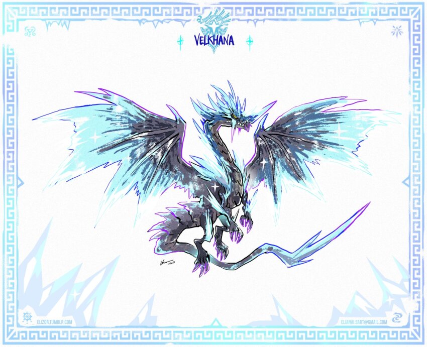 border character_name dated dragon eliz0r email_address highres ice monster_hunter:_world monster_hunter_(series) monster_hunter_world:_iceborne no_humans signature simple_background tumblr_username velkhana
