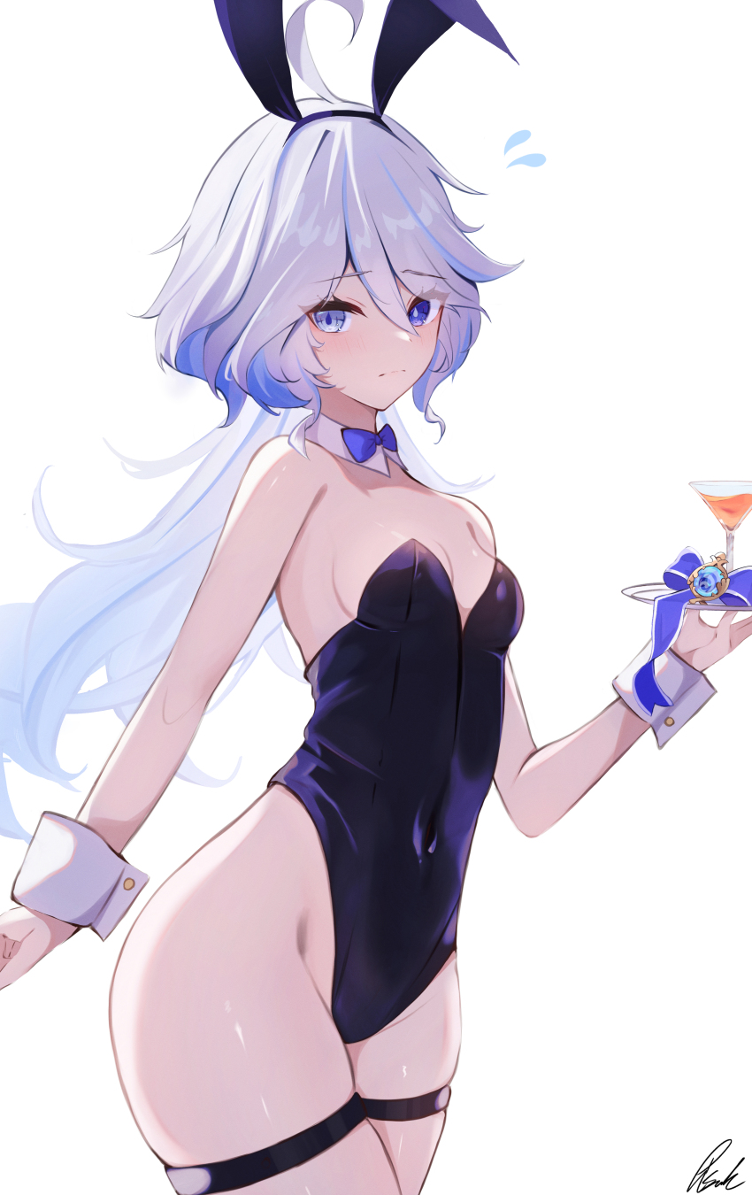 1girl absurdres ahoge alternate_costume animal_ears bare_shoulders black_leotard blue_bow blue_bowtie blue_eyes blue_hair blush bow bowtie breasts closed_mouth cocktail_glass covered_navel cup detached_collar drinking_glass fake_animal_ears furina_(genshin_impact) genshin_impact hair_between_eyes heterochromia highleg highleg_leotard highres holding holding_tray leotard long_hair looking_at_viewer looking_to_the_side multicolored_hair pisuke_(user_kcmh2774) playboy_bunny rabbit_ears signature simple_background skindentation small_breasts solo strapless strapless_leotard streaked_hair thigh_strap thighs tray two-tone_hair white_background white_hair wristband