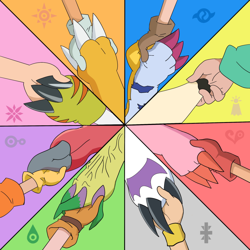 3girls 5boys agumon bird bug cat crests_(digimon) digimon digimon_(creature) digimon_adventure gabumon glasses gomamon highres ishida_yamato izumi_koshiro kido_jo multiple_boys multiple_girls palmon patamon piyomon reptile tachikawa_mimi tailmon takaishi_takeru takenouchi_sora tentomon wings yagami_hikari yagami_taichi