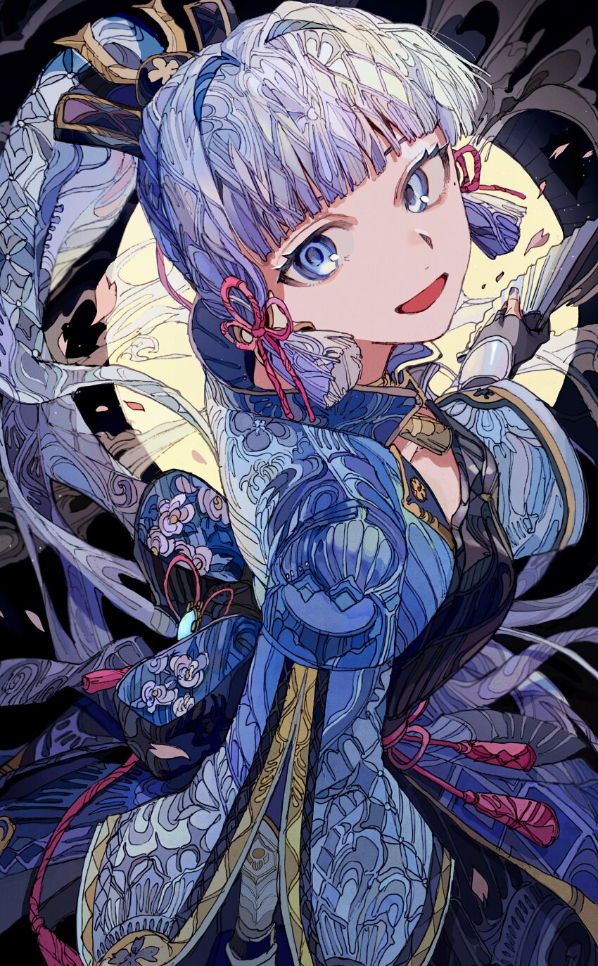 1girl :d absurdres armor ayaka_(genshin_impact) black_gloves blue_eyes blue_hair blunt_bangs dou fingerless_gloves genshin_impact gloves hand_fan highres holding holding_fan jacket japanese_armor light_blue_hair long_hair long_sleeves looking_at_viewer neck_tassel open_mouth ponytail smile solo tassel yadu_nadu