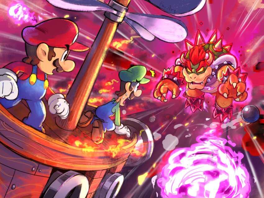 3boys blue_overalls bowser brothers brown_hair cannonball claws collar facial_hair fire gloves green_hat green_shirt hat highres horns long_sleeves looking_at_another luigi male_focus mario mario_&amp;_luigi:_brothership mario_&amp;_luigi_rpg mario_(series) monster monster_boy multiple_boys mustache nintendo open_mouth overalls propeller red_hair red_hat red_shirt reptile_boy scared ship shirt siblings surprised watercraft white_gloves ya_mari_6363