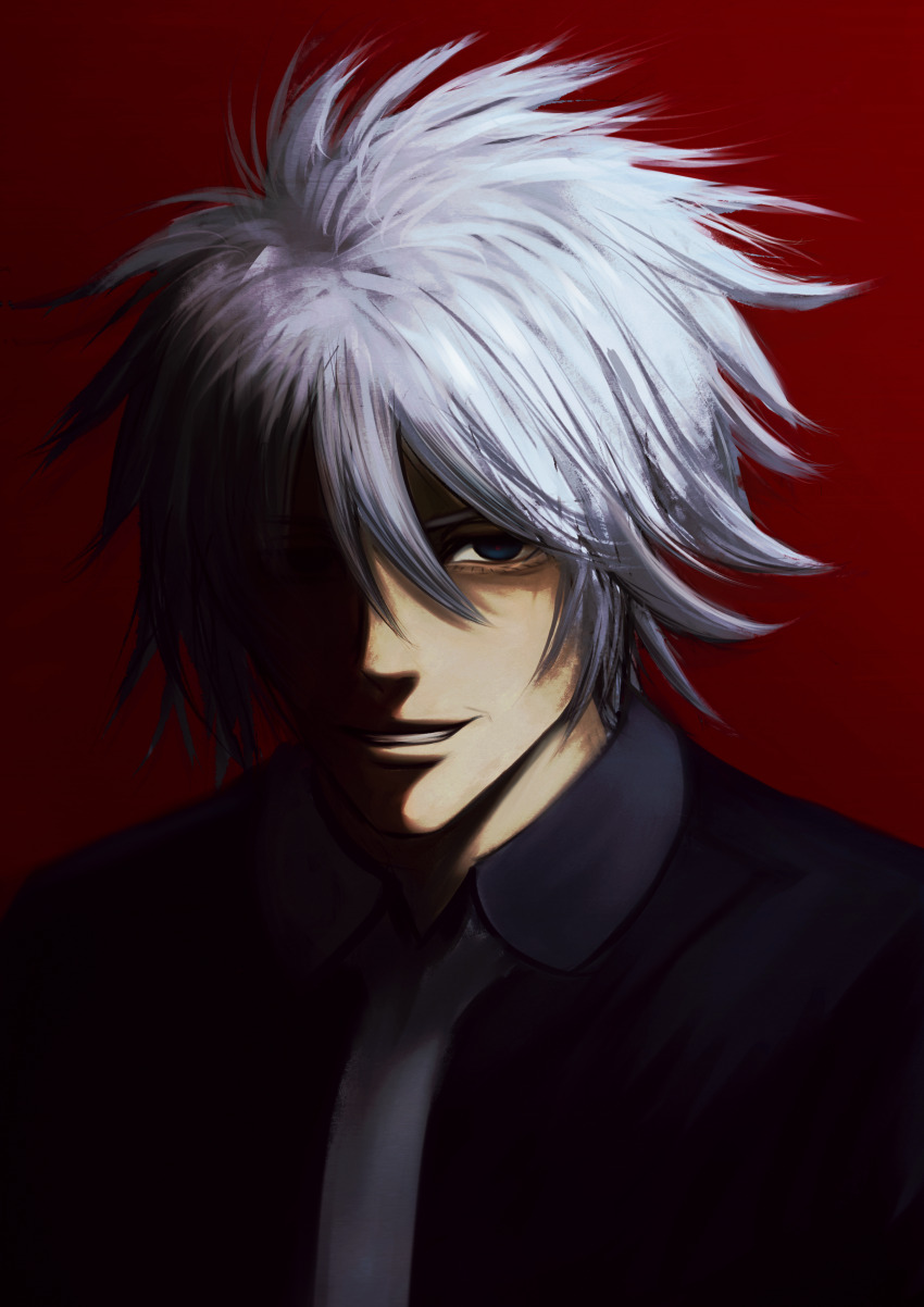 1boy absurdres black_eyes black_suit business_suit commission commissioner_upload crain1art date_a_live formal_clothes grin hair_between_eyes highres looking_at_viewer male_focus medium_hair necktie non-web_source red_background short_hair sir_isaac_ray_peram_westcott smile solo suit white_hair white_necktie