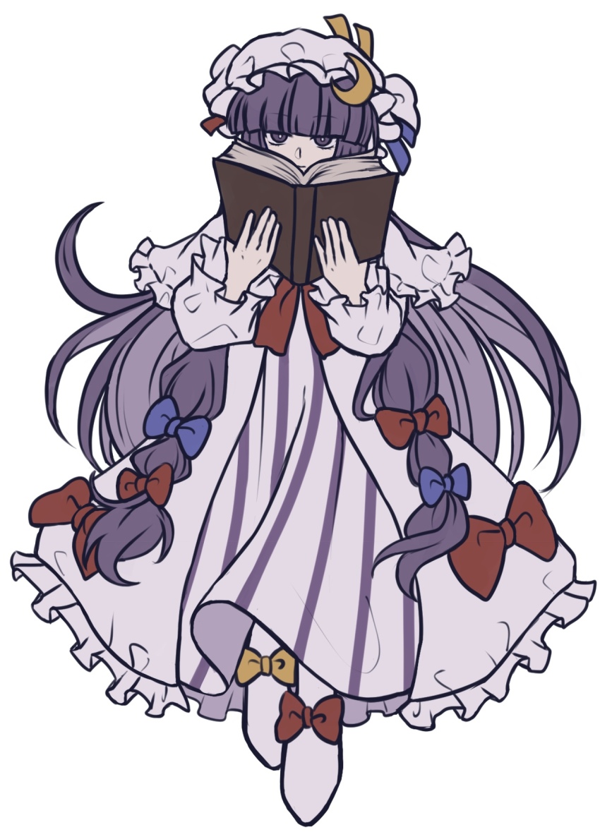 1girl blue_bow book bow capelet closed_mouth commentary crescent crescent_hair_ornament dress footwear_bow full_body hair_bow hair_ornament hat highres holding holding_book long_hair long_sleeves looking_at_viewer mob_cap multiple_hair_bows open_book patchouli_knowledge purple_capelet purple_dress purple_eyes purple_hair purple_hat red_bow simple_background soda_(sodaa_811) solo striped_clothes striped_dress tachi-e touhou vertical-striped_clothes vertical-striped_dress very_long_hair white_background yellow_bow