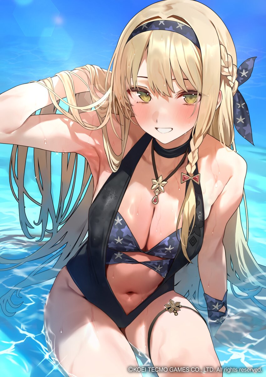 1girl absurdres adjusting_hair atelier_(series) atelier_resleriana atelier_ryza black_hairband black_one-piece_swimsuit blonde_hair braid breasts cleavage green_eyes hair_lift hair_spread_out hairband half_up_braid hand_in_own_hair highres klaudia_valentz klaudia_valentz_(moonlit_beach) large_breasts long_hair looking_at_viewer navel ocean one-piece_swimsuit outdoors parted_lips sitting smile solo swimsuit thigh_strap very_long_hair wet yuyu_(yuyuworks)