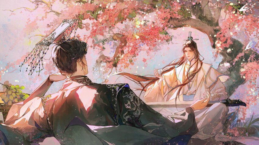 2boys absurdres arm_support beads black_hair black_hat blue_sash blue_sky braid brown_hair chinese_clothes chinese_commentary chu_wanning closed_mouth erha_he_tadebai_mao_shizun flower food fruit grapes guan_hat guqin hanfu hat highres long_hair long_sleeves looking_at_another male_focus mian_guan mo_ran multiple_boys pink_flower sash sitting sky table tassel tree white_hanfu wide_sleeves xiao_guan_(headdress) xu_liang yellow_eyes