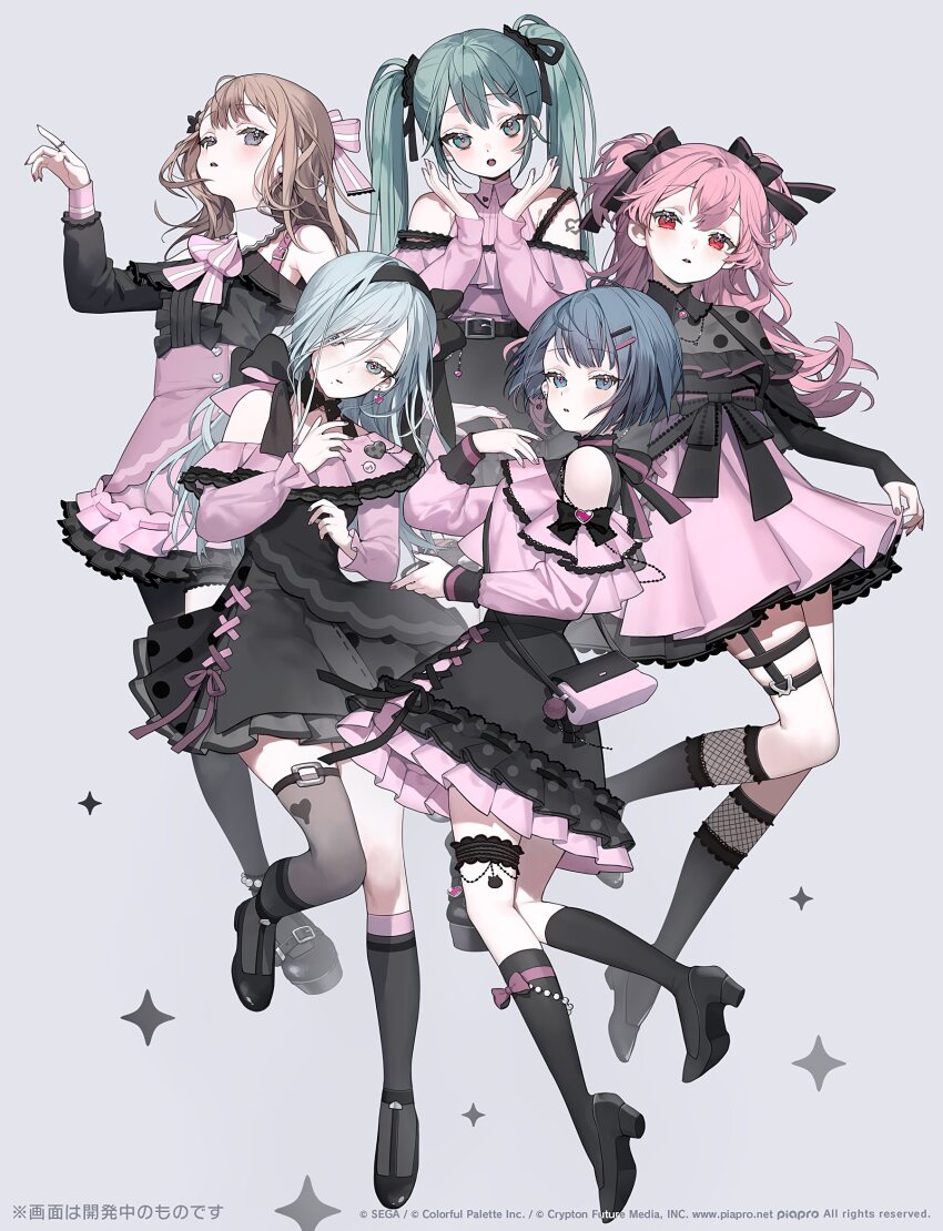 5girls :o ahoge aqua_eyes aqua_hair arm_at_side asymmetrical_legwear bag bare_shoulders belt black_belt black_bow black_dress black_nails black_ribbon black_shirt black_shoes black_skirt black_socks black_thighhighs black_trim blue_eyes blue_hair bow bow_legwear brown_hair buttons center_frills clothing_cutout collared_shirt copyright_notice cross-laced_clothes cross-laced_skirt cross-laced_slit detached_collar double-parted_bangs dress earrings fishnet_socks fishnets frilled_dress frilled_shirt frilled_socks frilled_thigh_strap frills from_behind full_body garter_straps grey_background grey_eyes grey_hair hair_between_eyes hair_bow hair_ornament hair_ribbon hanasato_minori hand_on_own_chest hands_up hatsune_miku head_tilt heart heart_earrings heart_tattoo high-waist_skirt highres hinomori_shizuku jewelry jirai_kei karo_(karohroka) kiritani_haruka kneehighs knees_together_feet_apart long_hair long_sleeves looking_at_viewer mary_janes mismatched_legwear momoi_airi more_more_jump!_(project_sekai) multiple_girls nail_polish necklace off-shoulder_shirt off_shoulder open_mouth over-kneehighs pale_skin parted_lips petticoat pink_bag pink_bow pink_dress pink_hair pink_nails pink_shirt pink_skirt pink_trim polka_dot polka_dot_shirt pom_pom_(clothes) project_sekai puffy_long_sleeves puffy_sleeves red_eyes ribbed_socks ribbon shirt shirt_tucked_in shoes short_hair shoulder_bag shoulder_cutout shoulder_tattoo simple_background single_garter_strap skindentation skirt skirt_hold sleeve_bow sleeveless sleeveless_dress sleeveless_turtleneck sleeves_past_wrists socks sparkle_background standing standing_on_one_leg tattoo thigh_strap thighhighs turtleneck turtleneck_dress twintails two_side_up very_long_hair vocaloid watermark web_address