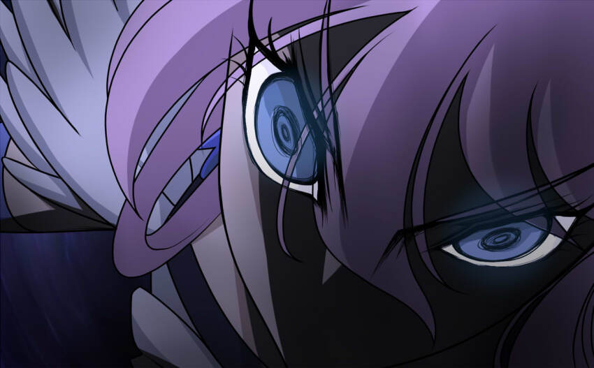 1girl blue_eyes casshern_(series) casshern_sins close-up commentary_request cure_moonlight hair_between_eyes heartcatch_precure! kouji14 long_bangs long_hair looking_at_viewer no_mouth parody precure purple_hair ringed_eyes shaded_face shirt solo style_parody tsukikage_yuri white_shirt