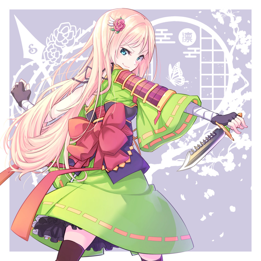 &gt;:) 1girl :3 armor back_bow bandaged_arm bandages black_gloves black_petticoat black_ribbon blonde_hair blue_eyes border bow branch breastplate brown_thighhighs butterfly_background closed_mouth commentary_request dagger egasumi falling_petals fingerless_gloves floral_background flower from_behind gloves green_kimono hair_flower hair_ornament hand_up highres holding holding_dagger holding_knife holding_weapon japanese_armor japanese_clothes kimono knife leaf_hair_ornament light_blush lips long_hair looking_at_viewer looking_back miniskirt morugen obi outside_border outstretched_arms petals plant purple_background purple_sash red_ribbon red_sash ribbon ribbon-trimmed_sleeves ribbon_trim sash shoujo_kageki_revue_starlight shoujo_kageki_revue_starlight_-re_live- shoulder_armor single_bare_shoulder single_off_shoulder single_shoulder_pad skirt smile sode solo spread_arms standing swept_bangs thighhighs three-quarter_sleeves two-tone_background unworn_sleeves v-shaped_eyebrows very_long_hair vines weapon white_background white_border white_petticoat wide_sleeves yellow_trim yumeoji_fumi