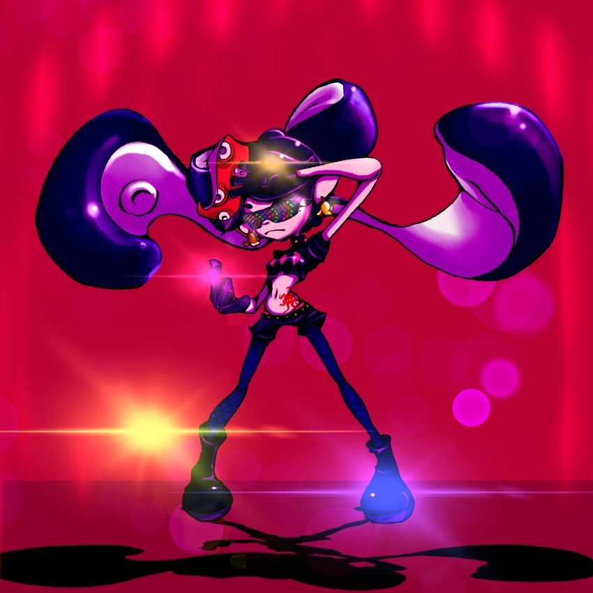 ankle_boots belt black_gloves black_hair black_shirt black_shorts boots bow bow-shaped_hair callie_(octo_idol_outfit)_(splatoon) callie_(splatoon) closed_mouth collar cowlick crop_top earrings fangs fish_(food) food food_on_head frown gloves gold_earrings hand_up hat highres hitsuji_(pixiv2228990) hypnoshades_(splatoon) jewelry legs_apart lens_flare long_hair long_pointy_ears midriff mole mole_under_eye multicolored_hair navel nintendo object_on_head octopus_sashimi octopus_sausage_earrings octopus_tattoo official_alternate_costume padded_shoulders pale_skin panties panty_straps pantyhose pink_hat pink_leaf pink_panties pink_shiso_leaf pointy_ears puffy_short_sleeves puffy_sleeves purple_pantyhose red_background red_tattoo sashimi saturated sequins shirt shoes short_eyebrows short_shorts short_sleeves shorts simple_background spiked_collar spiked_waistband spikes splatoon_(series) splatoon_2 standing stomach_tattoo studded_belt studded_collar suction_cups sunglasses swept_bangs tattoo tentacle_hair thick_eyebrows twintails underwear very_long_hair