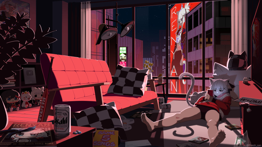 1girl ad animal_ear_fluff animal_ears blue_eyes can city coat couch crop_top dolphin_shorts flower highres hood hoodie indoors long_hair looking_to_the_side lying magazine_(object) mikan_(renyan) night night_sky on_back on_couch on_floor original peesh_san perspective phone pillow ponytail red_eyes shorts sky solo star_(sky) stomach stuffed_toy tail television virtual_youtuber white_hair