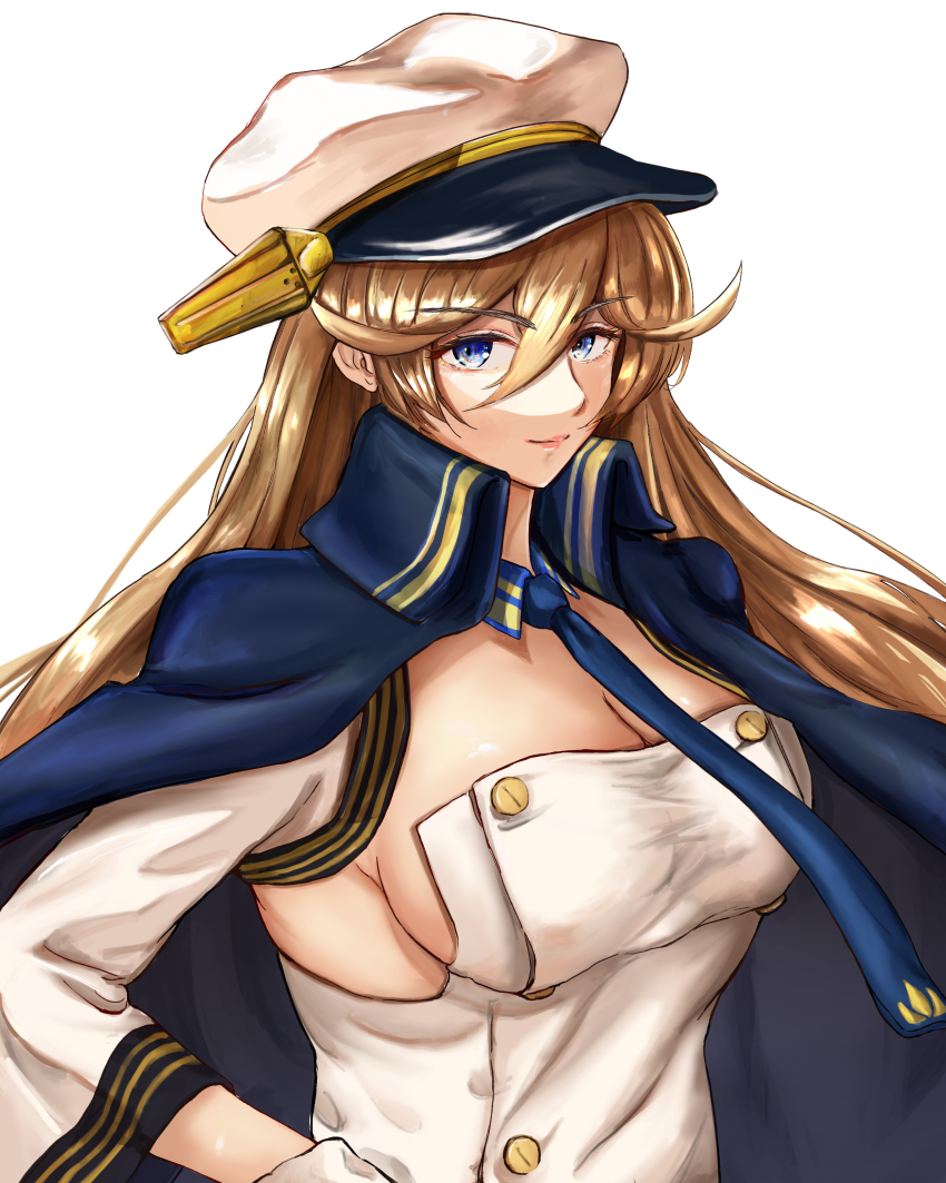 1girl absurdres azur_lane blonde_hair blue_coat blue_eyes blue_necktie breasts buttons cleavage coat detached_sleeves double-breasted dress gloves hair_between_eyes hat high_collar highres large_breasts long_coat looking_at_viewer microdress military military_hat military_uniform naval_uniform necktie peaked_cap simple_background solo strapless strapless_dress tennessee_(azur_lane) white_background white_dress white_gloves white_hat yuce