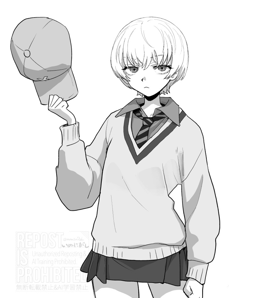 1girl absurdres alternate_costume amate_yuzuriha amate_yuzuriha_(cosplay) baseball_cap collared_shirt cosplay diagonal-striped_clothes diagonal-striped_necktie girls_und_panzer greyscale gundam gundam_gquuuuuux hat highres holding holding_unworn_clothes holding_unworn_hat katsuoboshi monochrome necktie pleated_skirt shirt short_hair skirt striped_clothes sweater unworn_hat unworn_headwear watermark youko_(girls_und_panzer)