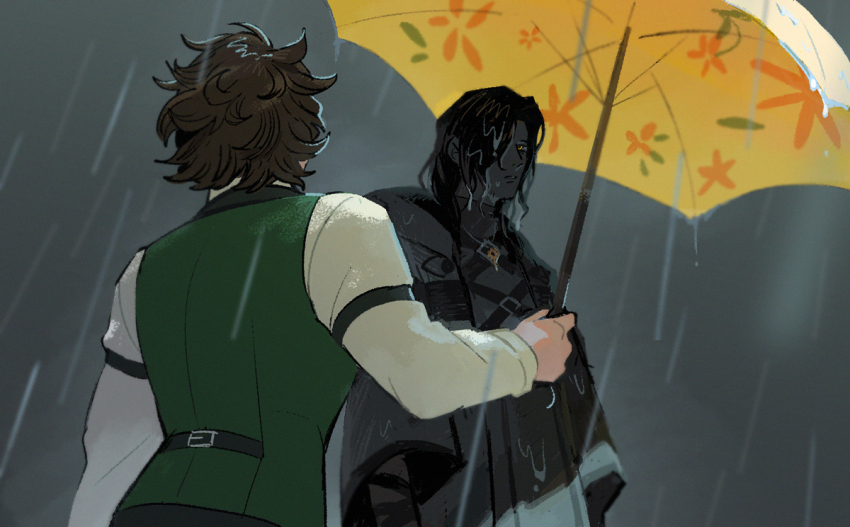 2boys black_hair dark-skinned_male dark_skin fire_emblem fire_emblem_engage green_vest holding holding_umbrella long_hair long_sleeves louis_(fire_emblem) multiple_boys muni33645387063 nintendo rain shirt umbrella upper_body vest white_shirt zelkov_(fire_emblem)