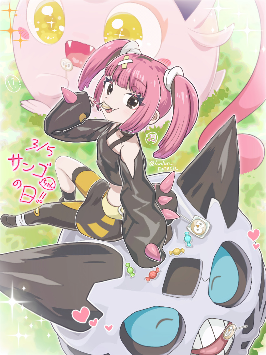 !? 1girl bandaid bandaid_hair_ornament black_eyes black_hair black_skirt blunt_bangs candy character-themed_food coral_(pokemon) creatures_(company) cropped_shirt eyelashes fang food game_freak gen_3_pokemon gen_7_pokemon glalie hair_ornament heart highres holding holding_candy holding_food holding_lollipop lollipop lollipop_in_mouth long_sleeves looking_at_viewer midriff multicolored_hair musical_note nintendo pink_hair pokemon pokemon_(anime) pokemon_(creature) pokemon_horizons rowlet runachikku scream_tail sitting_on_pokemon skirt spoken_musical_note twintails twitter_username two-tone_hair