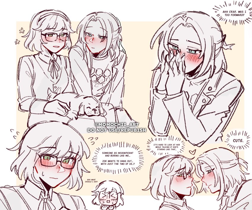 &gt;_&lt; 2girls blush closed_mouth collared_shirt commentary dog_on_lap english_commentary english_text flying_sweatdrops glasses greece hairband half_updo heart highres jacket looking_at_another miraculous_ladybug momochii_art multiple_girls own_hands_together sabrina_raincomprix shirt short_hair smile speech_bubble sweatdrop thought_bubble yuri zoe_lee