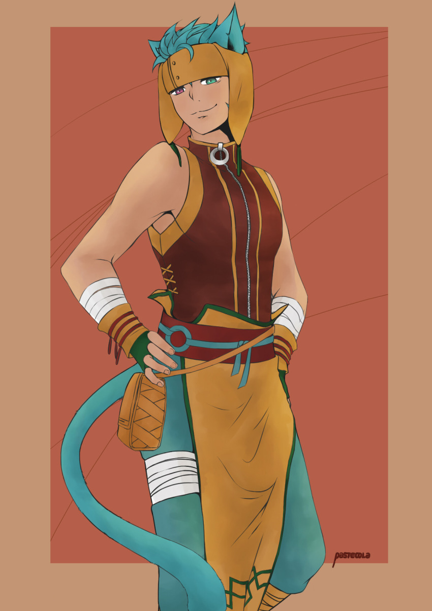 1boy animal_ears artist_name bad_link blue_hair cat_boy cat_ears fire_emblem fire_emblem:_path_of_radiance green_eyes hands_on_own_hips headdress heterochromia highres male_focus nintendo pastecola purple_eyes ranulf_(fire_emblem) short_hair simple_background sleeveless solo tail