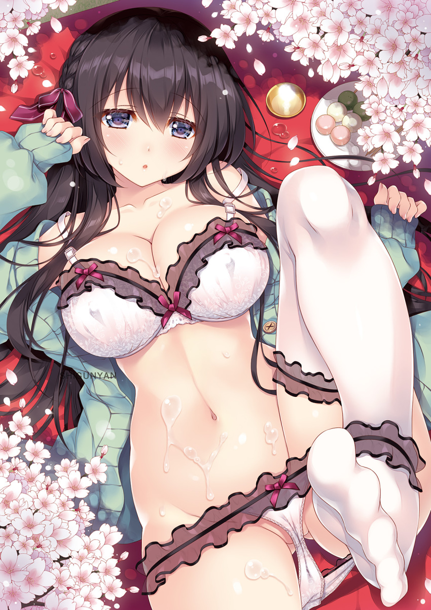 arm_up bikini black_hair bra braid breasts cherry_blossoms cum cum_on_body cum_on_breasts cum_on_upper_body green_jacket highres jacket large_breasts long_hair looking_at_viewer open_mouth original panties shigunyan socks stomach swimsuit underwear white_bikini white_bra white_panties white_socks