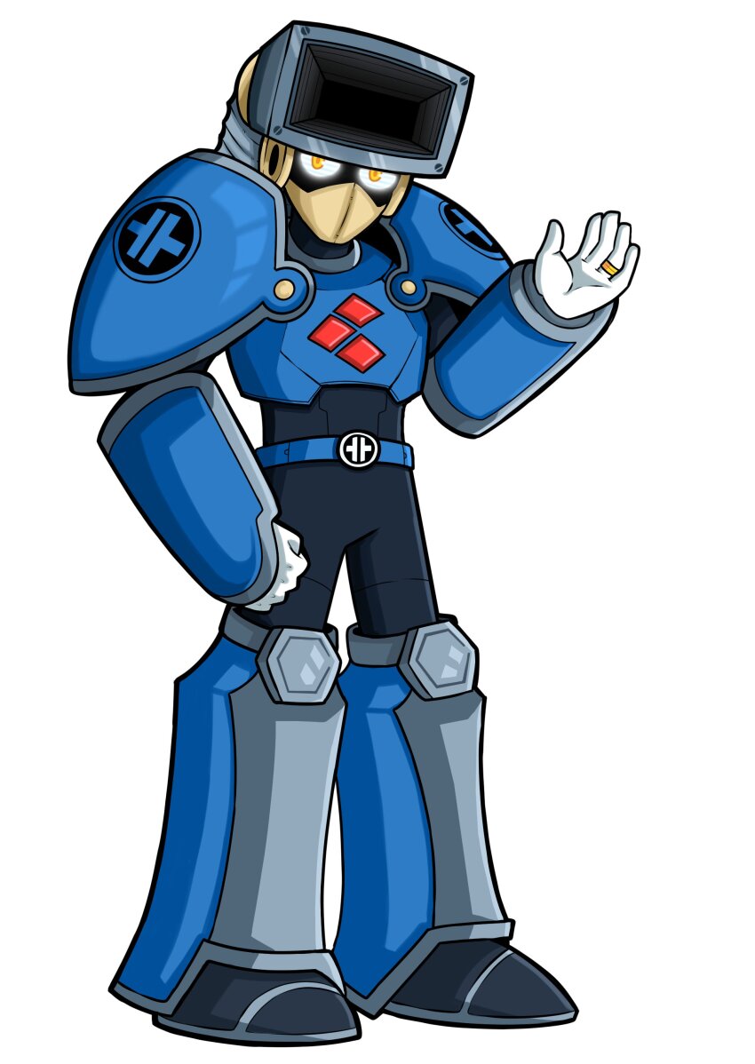 1boy absurdres armor belt blue_armor blue_belt dust_man full_body highres jewelry kusero_93 looking_at_viewer male_focus mega_man_(classic) mega_man_(series) no_mouth ring robot shoulder_armor solo standing white_background yellow_eyes